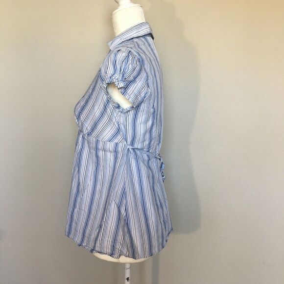 Oh! Mamma Size Medium Baby Doll Blue Top Blouse Tie Waist V Neck - Picture 4 of 12